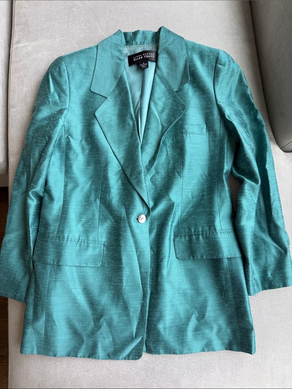 Ellen Tracy Shimmering Teal Single-Button Blazer 8 Shoulder Pads Fully Lined